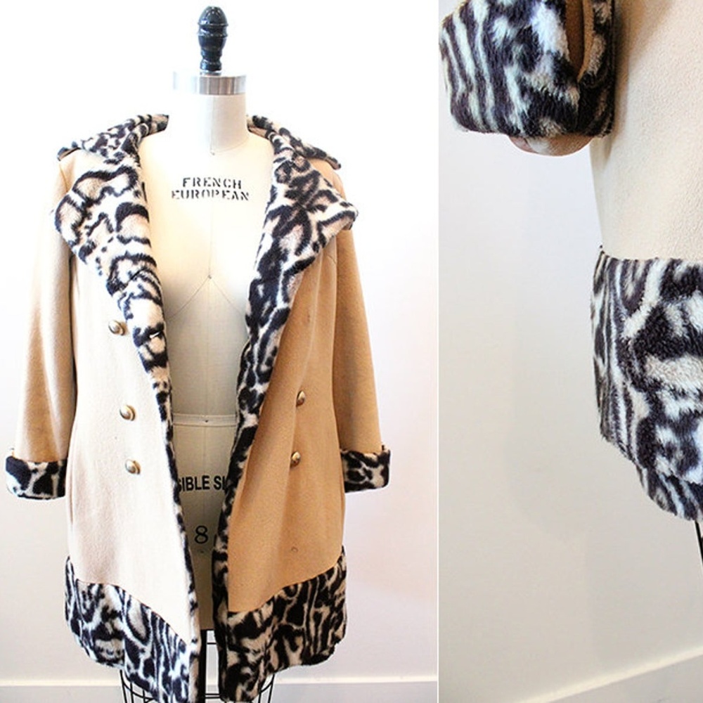 Vtg 60s Leopard Print Mod Beige Peacoat - S/XS